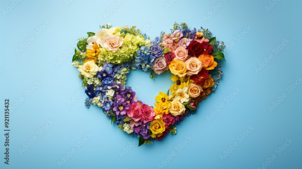 Rainbow heart shape made of flowers on blue background