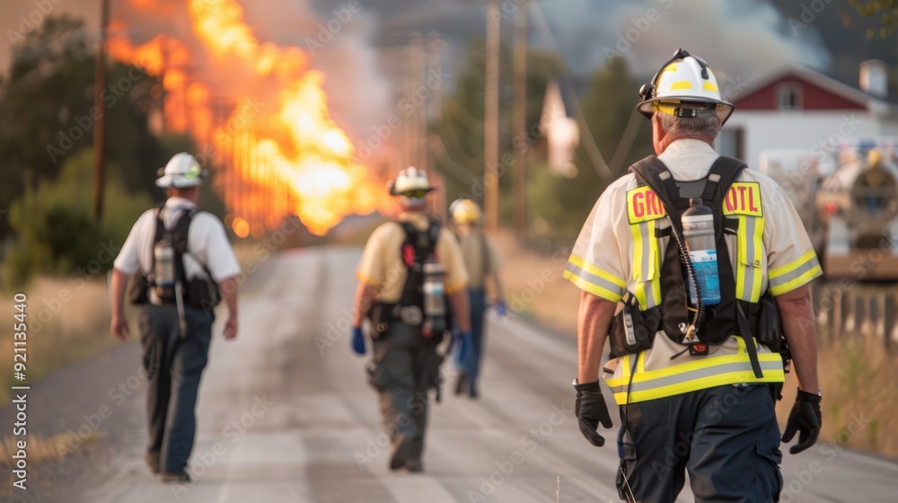 Firefighters wearing safety gear head towards an intense fire at a fuel depot, with flames and thick smoke showing the critical scene, emphasizing bravery and hazard response. Firefighters wearing safety gear head towards an intense fire at a fuel depot, with flames and thick smoke showing the critical scene, emphasizing bravery and hazard response.