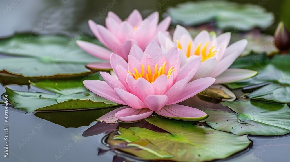 A few pink water lilies float atop a verdant, lily-filled pond A few pink water lilies float atop a verdant, lily-filled pond