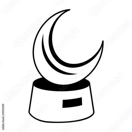 Religious Affairs Interfaith Harmony Trophy vector icon design token recognition symbol, Expression of gratitude sign distinctive insignia, Round Moon Crystal Awards with black Base isometric concept photo