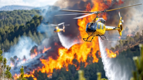 Two helicopters valiantly drop water onto a raging forest wildfire, with flames engulfing the trees, highlighting the heroic efforts of firefighting teams to control and extinguish the blaze. photo