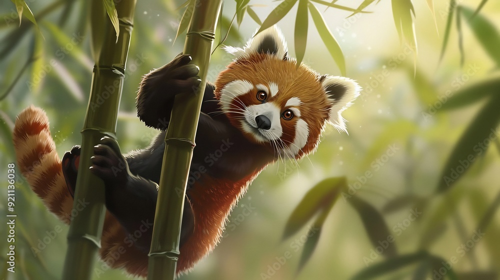Fototapeta premium Cute Red Panda Climbing Bamboo Stalk in Forest