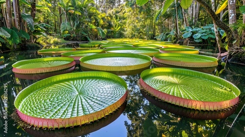  A lush green forest surrounded by a tranquil lake with numerous water lilies floating gracefully atop