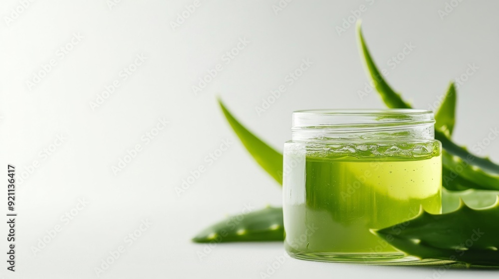 Aloe Vera gel, essential oil in glass jar, Aloe vera leaves isolated on white background. Cosmetics Aloe Vera gel, essential oil in glass jar, Aloe vera leaves isolated on white background. Cosmetics