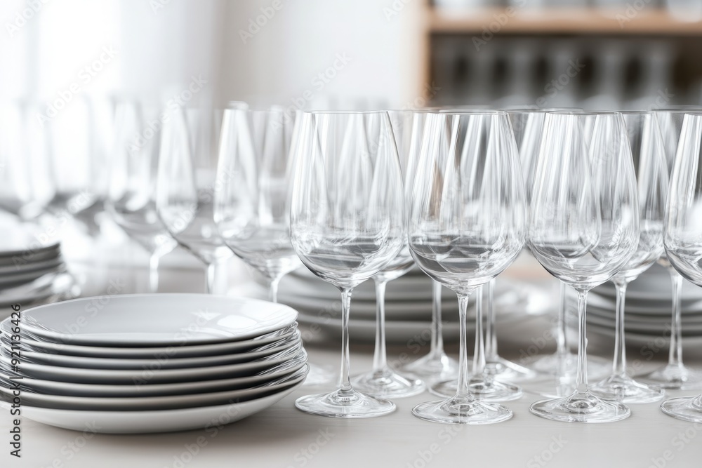 Elegant 8K Realistic Photograph of Piles of Glasses and Plates on a Grain Table with Minimalist Style and Abundant Copy Space Elegant 8K Realistic Photograph of Piles of Glasses and Plates on a Grain Table with Minimalist Style and Abundant Copy Space
