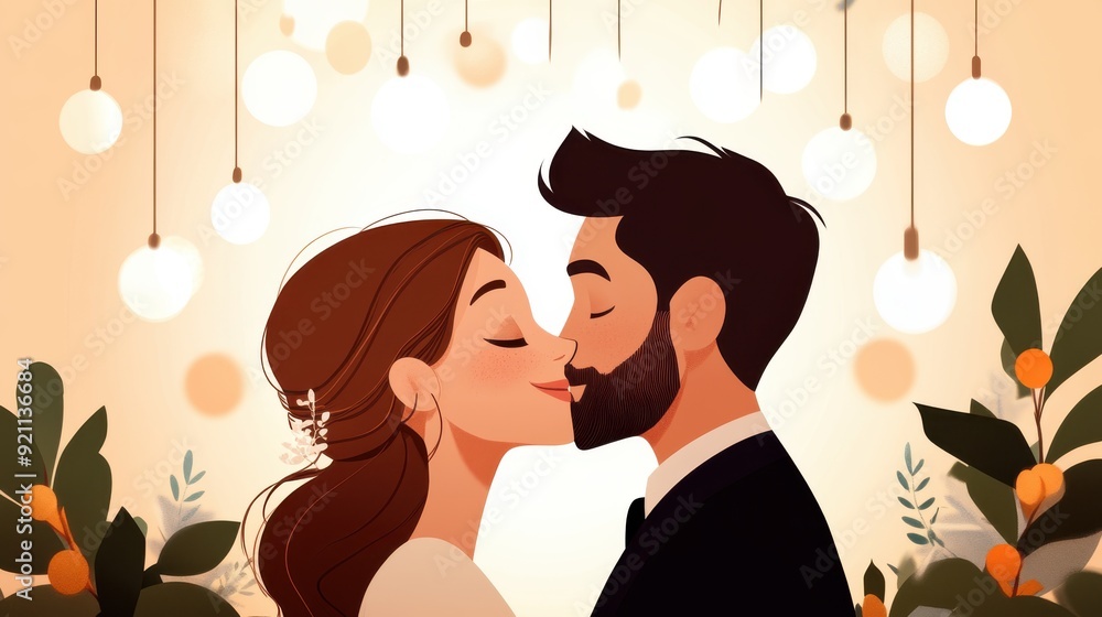 A beautiful illustration of a couple sharing a tender kiss surrounded by hanging lights, capturing the essence of love, intimacy, and celebration in a warm and joyous atmosphere. A beautiful illustration of a couple sharing a tender kiss surrounded by hanging lights, capturing the essence of love, intimacy, and celebration in a warm and joyous atmosphere.
