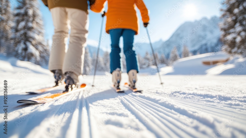 Two people ski together on a beautifully groomed snowy path under clear blue skies, surrounded by winter wonderland scenery, embracing the thrill of the sport. Two people ski together on a beautifully groomed snowy path under clear blue skies, surrounded by winter wonderland scenery, embracing the thrill of the sport.