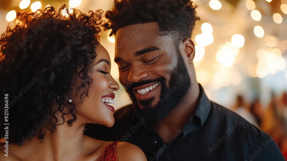 A couple shares a moment at an event, illuminated by warm festive lights in the background creating a romantic and joyous atmosphere. A couple shares a moment at an event, illuminated by warm festive lights in the background creating a romantic and joyous atmosphere.