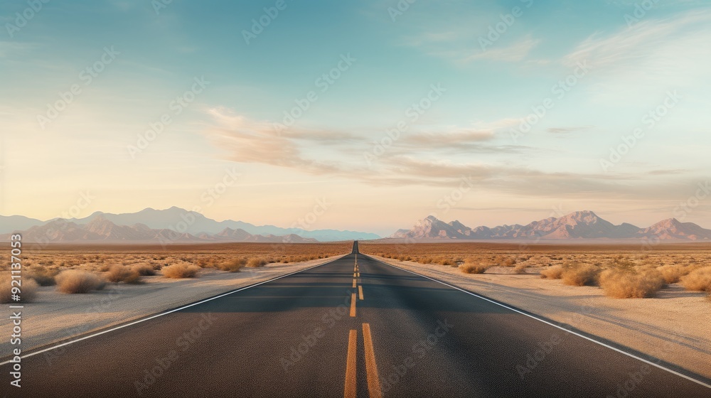 Fototapeta premium A long, straight road stretches through a desert landscape with mountains in the background.