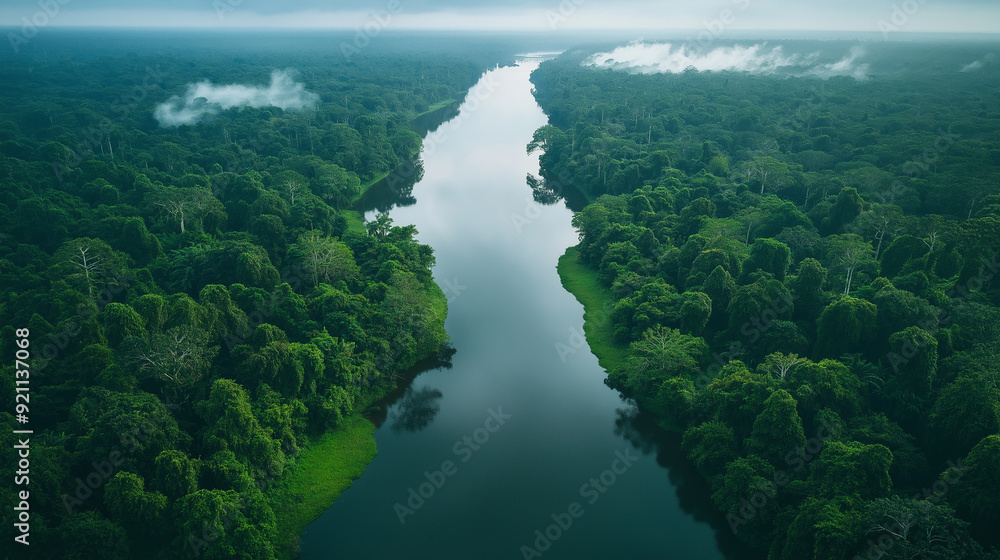 Aerial Drone View of Green Amazon Jungle Featuring Dense Trees and Meandering River Aerial Drone View of Green Amazon Jungle Featuring Dense Trees and Meandering River
