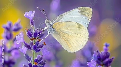  A close-up of a butterfly on a plant with purple flowers in the foreground and a blurry background