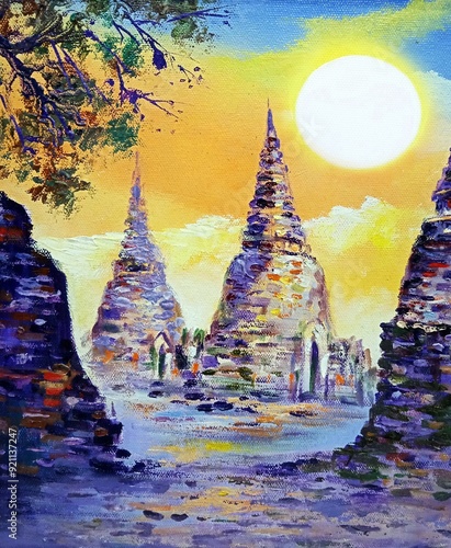 art oil painting  ayutthaya historical park , wat phrasisanphet photo