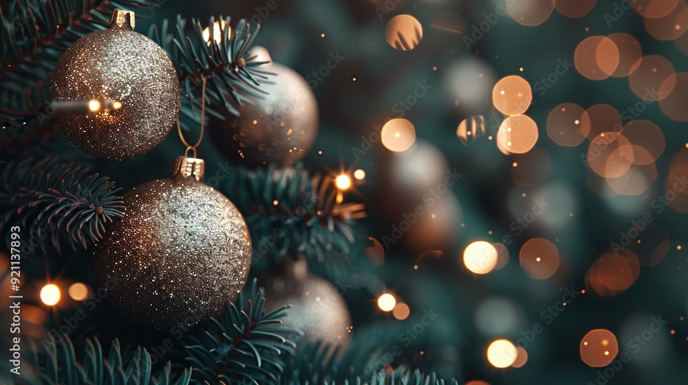 A Christmas tree with numerous ornaments dangling from its branches and lit background is captured in this close-up image A Christmas tree with numerous ornaments dangling from its branches and lit background is captured in this close-up image