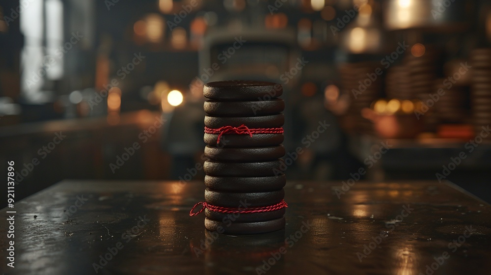 A chocolate-covered donut tower sits atop a wooden table in a dimly lit room, alongside a bottle of wine A chocolate-covered donut tower sits atop a wooden table in a dimly lit room, alongside a bottle of wine
