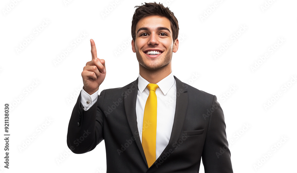 Young businessman in a suit raises his index finger. Expresses the meaning of increasing efficiency or effectiveness in business operations as number one. with a confident smile Young businessman in a suit raises his index finger. Expresses the meaning of increasing efficiency or effectiveness in business operations as number one. with a confident smile