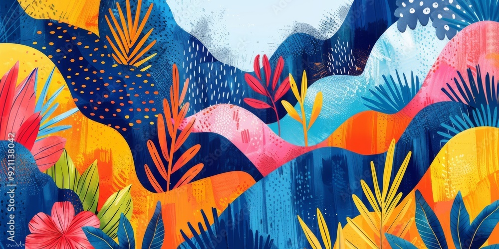 A dynamic and colorful abstract landscape showcasing various tropical plants alongside flowing, organic shapes A dynamic and colorful abstract landscape showcasing various tropical plants alongside flowing, organic shapes