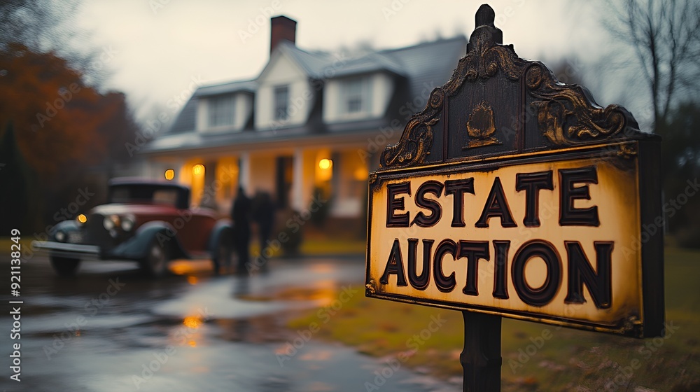Obraz premium Sign that reads “ESTATE AUCTION” - older home - crowd - estate sale - antiques - yard sale 