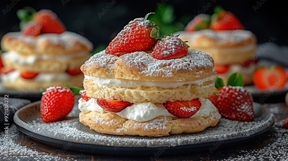 Stack of strawberry shortcakes with powdered sugar and fresh strawberries on a plate Stack of strawberry shortcakes with powdered sugar and fresh strawberries on a plate