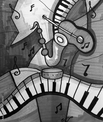 black and white hand painted original impressionism drawing abstract copic marker geometric shape music tone monochrome photography and academy gallery of art fragment of artwork contemporary art 