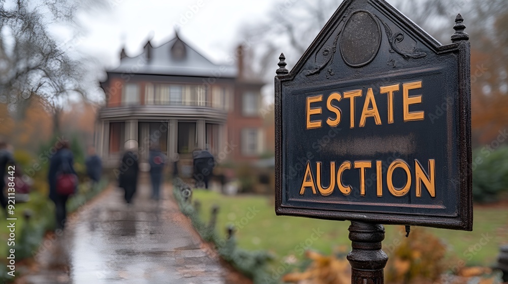 Obraz premium Sign that reads “ESTATE AUCTION” - older home - crowd - estate sale - antiques - yard sale 