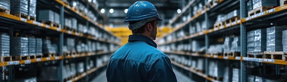 Worker in a factory looking at empty inventory shelves, Photorealistic, Cool colors, High contrast, Industrial Worker in a factory looking at empty inventory shelves, Photorealistic, Cool colors, High contrast, Industrial