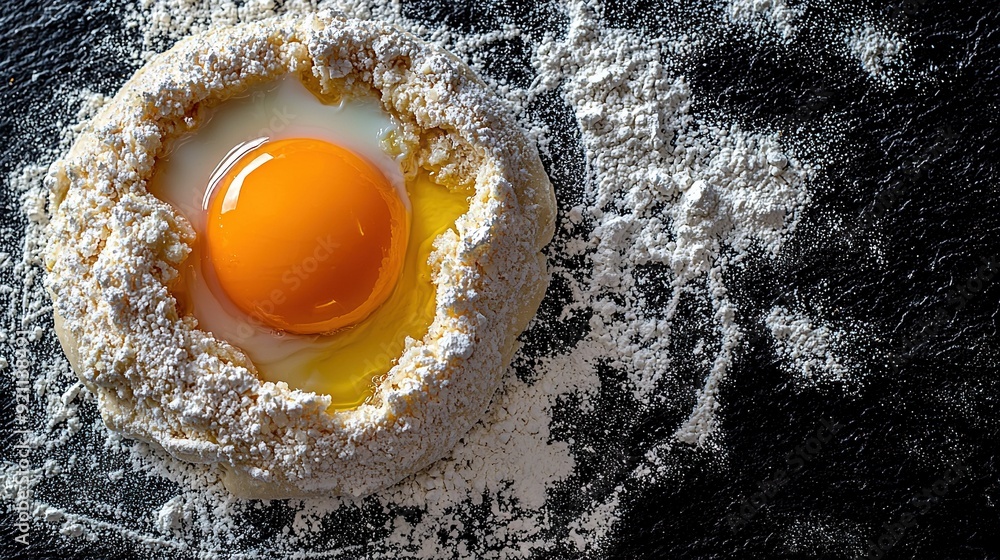 An egg sits atop powdered sugar on bread against a dark background An egg sits atop powdered sugar on bread against a dark background