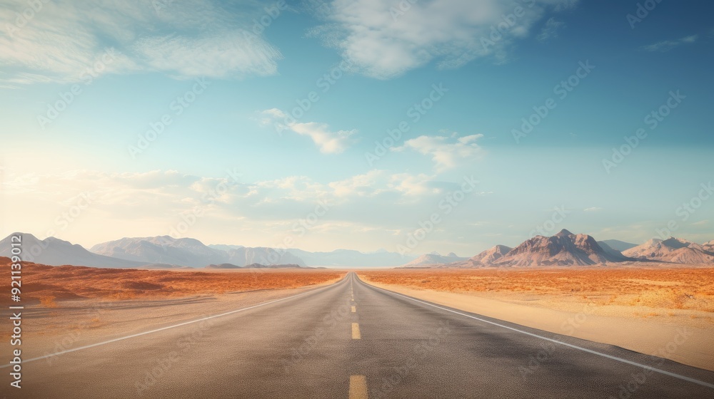 A long, straight road stretches through a vast desert landscape under a clear blue sky. A long, straight road stretches through a vast desert landscape under a clear blue sky.