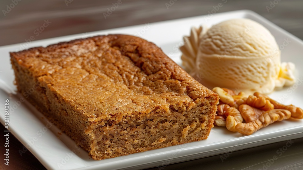 A slice of cake sits atop a white platter beside a scoop of ice cream A slice of cake sits atop a white platter beside a scoop of ice cream