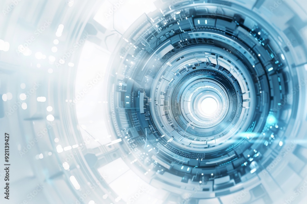 Futuristic white and blue light tunnel with circular design, surreal and abstract concept Futuristic white and blue light tunnel with circular design, surreal and abstract concept