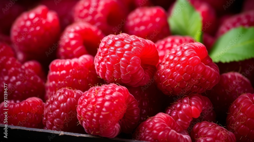 Fresh Ripe Raspberries with Green Leaves Close-up Fresh Ripe Raspberries with Green Leaves Close-up