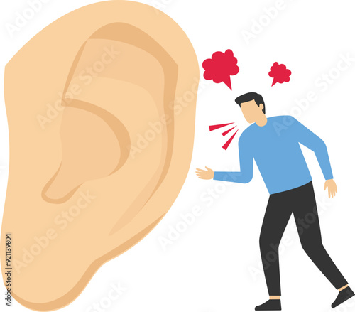 Aggressive marketing concept. Businessman shouts into a megaphone aimed at the big human ear. Important information, announcement. Vector illustration flat design, cartoon style, isolated background.
