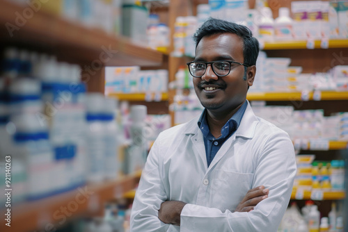 Portrait of Indian man Pharmacist in drugstore with shelves of medicines in the background