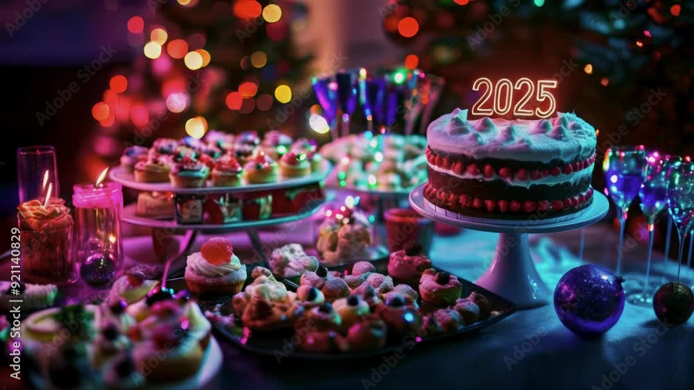 A table laden with various desserts and a cake topped with a 2025 topper. Candles and a blurry Christmas tree in the background A table laden with various desserts and a cake topped with a 2025 topper. Candles and a blurry Christmas tree in the background