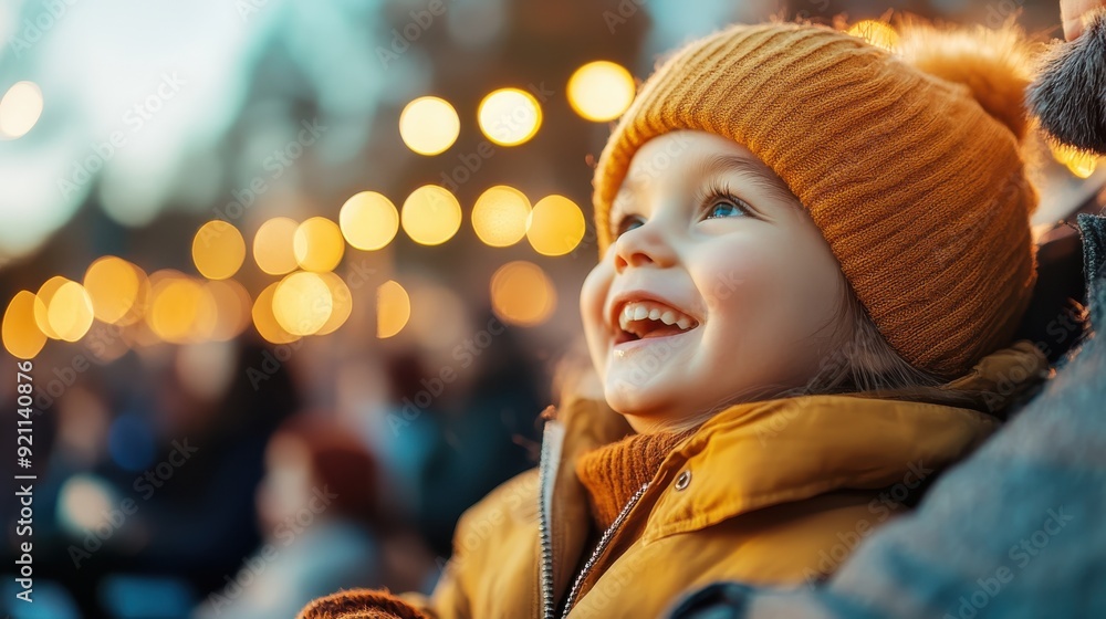 A young child wearing a yellow winter coat and a mustard-colored knit hat smiles joyfully against a backdrop of warm, festive lights, capturing the essence of holiday cheer. A young child wearing a yellow winter coat and a mustard-colored knit hat smiles joyfully against a backdrop of warm, festive lights, capturing the essence of holiday cheer.