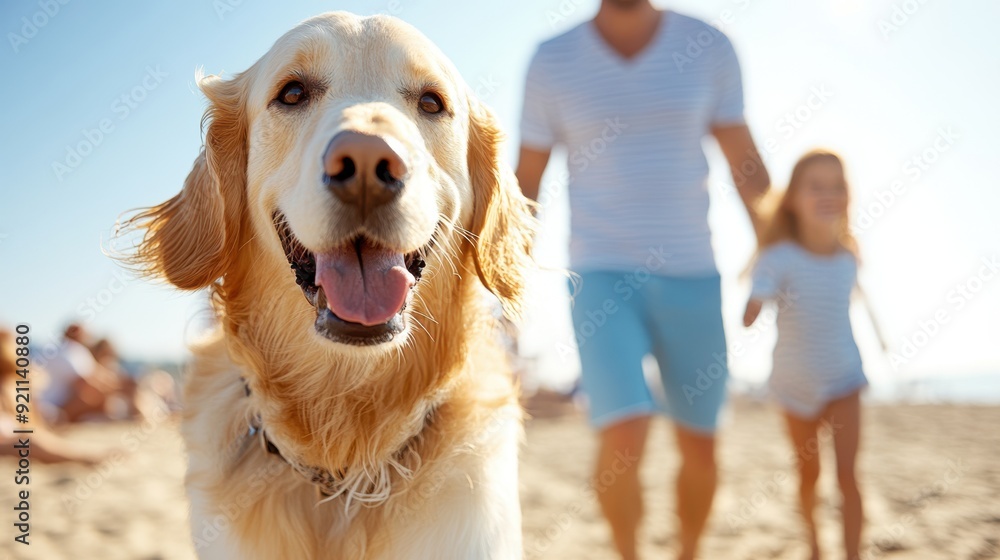 A joyful dog enjoys the beach alongside a family on a sunny day, capturing a moment of happiness and companionship, with the warm sun and sand creating a perfect backdrop. A joyful dog enjoys the beach alongside a family on a sunny day, capturing a moment of happiness and companionship, with the warm sun and sand creating a perfect backdrop.