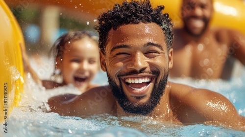 A happy man with a beard and a young child are joyfully smiling while splashing in a pool, with a water slide visible in the background on a sunny day.