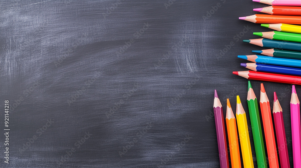 Colorful pencils and clips arranged on the left side of a blackboard background with ample copy space on the right, creating a vibrant and organized scene perfect for educational or creative contexts, Colorful pencils and clips arranged on the left side of a blackboard background with ample copy space on the right, creating a vibrant and organized scene perfect for educational or creative contexts,
