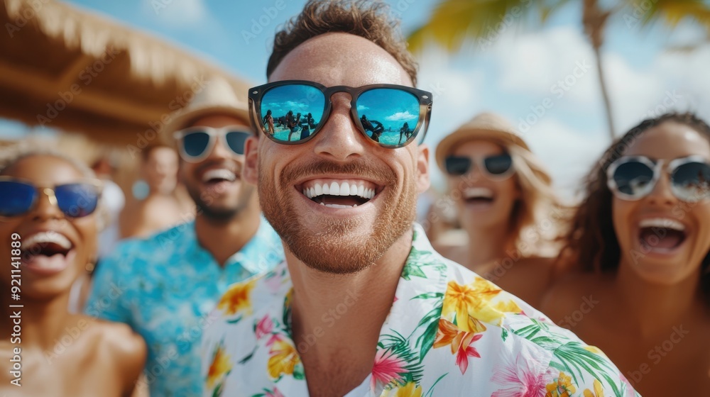 A group of friends having a great time at a tropical beach party under the sun, wearing floral outfits and sunglasses, embracing the festive and joyful atmosphere. A group of friends having a great time at a tropical beach party under the sun, wearing floral outfits and sunglasses, embracing the festive and joyful atmosphere.
