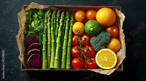   A colorful array of diverse fruits and veggies surrounded by oranges, broccoli, tomatoes, and asparagus