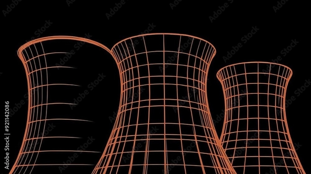 Three cooling towers in a grid pattern against a dark backdrop, showcasing industrial design and technology. Three cooling towers in a grid pattern against a dark backdrop, showcasing industrial design and technology.