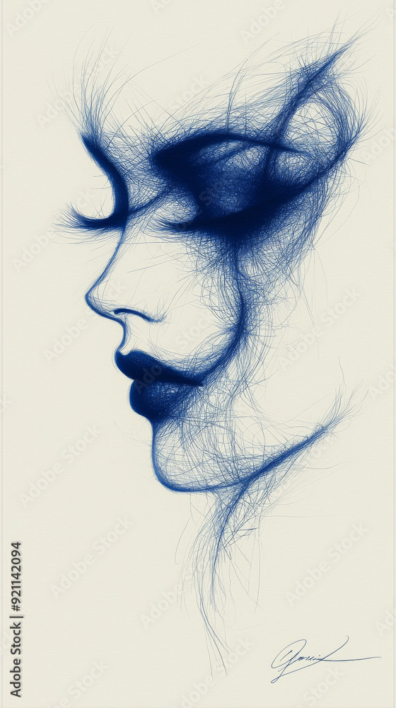 Minimalist Blue and White Sketch of a Woman's Face in a Dreamy Pose Minimalist Blue and White Sketch of a Woman's Face in a Dreamy Pose