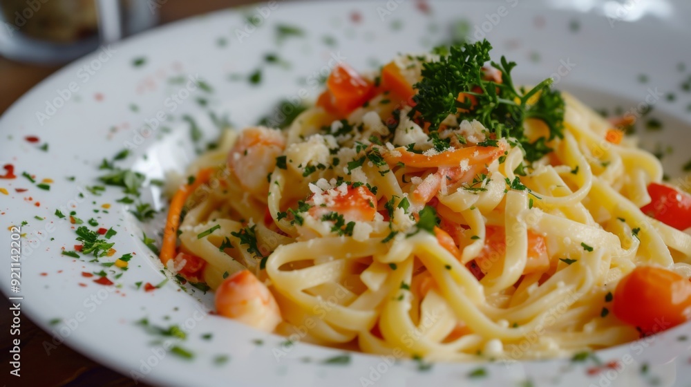 Delicious plate of pasta mixed with colorful, fresh vegetables Delicious plate of pasta mixed with colorful, fresh vegetables