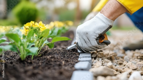 Close-up of a gardener's hands wearing gloves, tending to yellow flowers in a garden bed, with a mix of soil and pebbles, showcasing garden maintenance.