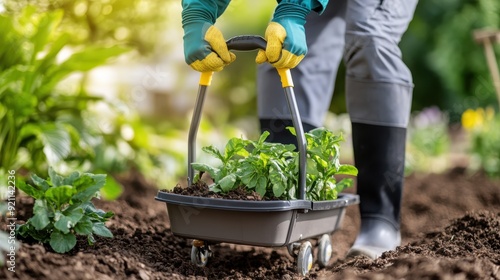 A gardener, equipped with gloves, transports a tray of young plants down a garden path. The scene highlights the springtime activity of planting and is lush with greenery and nature. photo