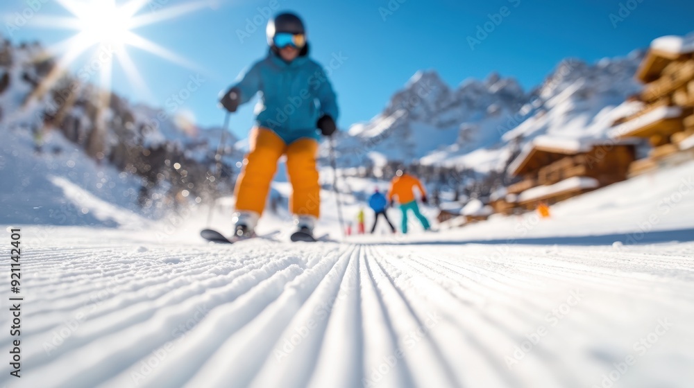 Close-up of a child skiing on groomed snow slopes, with a bright sun, blue skies, and snow-covered mountains in the background. Other skiers are visible in the distance. Close-up of a child skiing on groomed snow slopes, with a bright sun, blue skies, and snow-covered mountains in the background. Other skiers are visible in the distance.