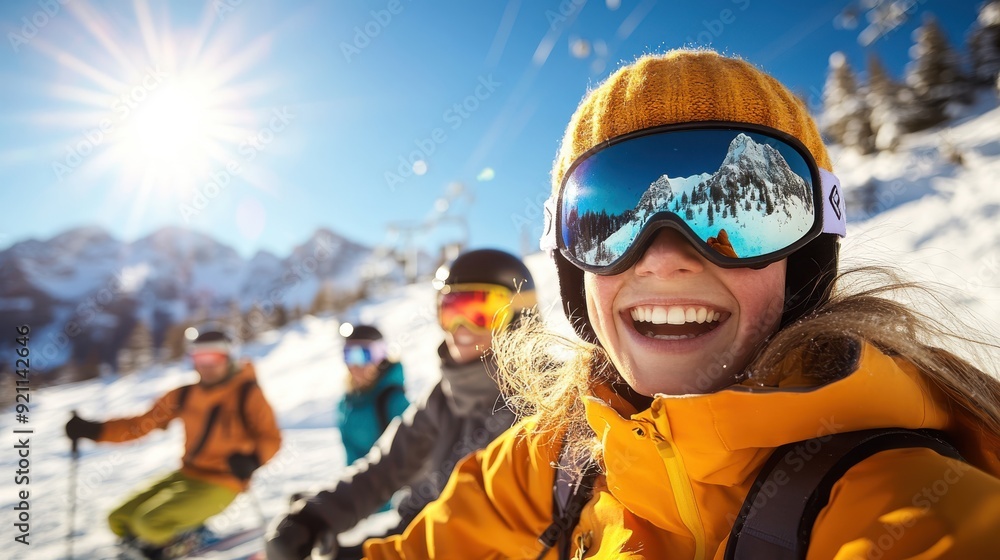 A group of four skiers in protective gear take a break, enjoying the bright sun and snowy landscape with mountains in the background, capturing the essence of outdoor recreation. A group of four skiers in protective gear take a break, enjoying the bright sun and snowy landscape with mountains in the background, capturing the essence of outdoor recreation.