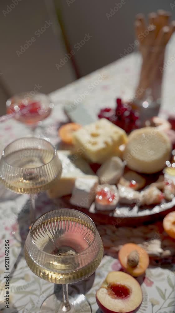 Glasses of Wine with Cheese Platter in the Background. Vertical video Glasses of Wine with Cheese Platter in the Background. Vertical video