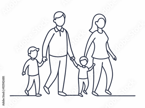 continuous single line drawing of mother and father with two children walking hand in hand, family line art vector illustration
