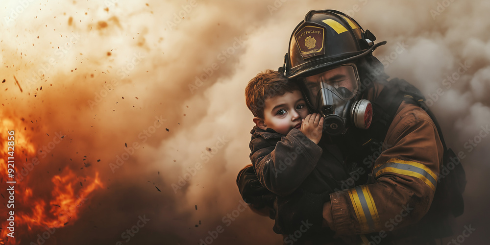 Fototapeta premium Rescue from fire, Firefighters carrying a child in arms and running away from fire and smoke