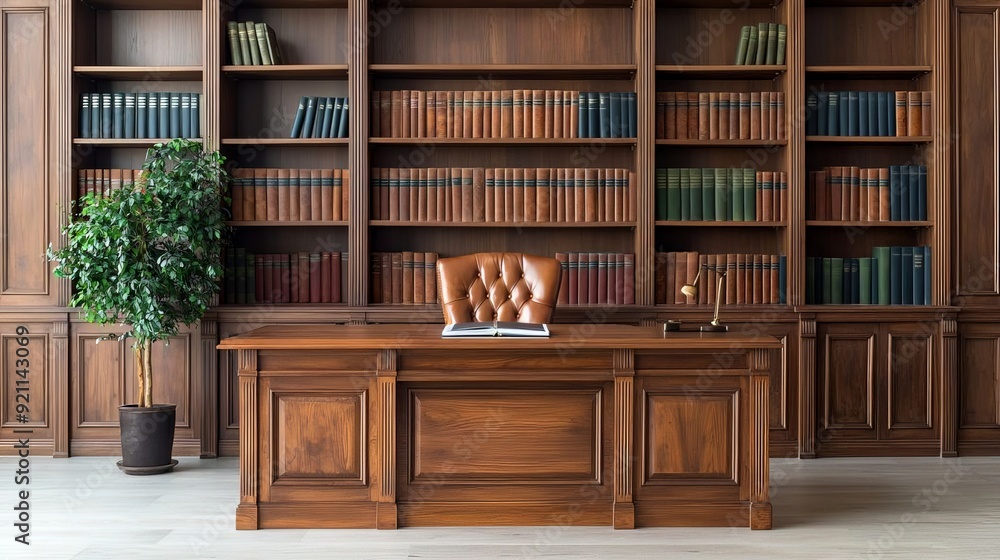 Classic home office featuring a large wooden desk, a tufted leather chair, and floor-to-ceiling bookshelves filled with books, creating a sophisticated and scholarly atmosphere Classic home office featuring a large wooden desk, a tufted leather chair, and floor-to-ceiling bookshelves filled with books, creating a sophisticated and scholarly atmosphere